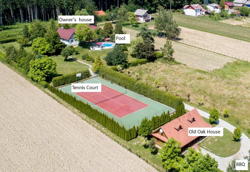 Aerial view showing the house, tennis court, pool and BBQ