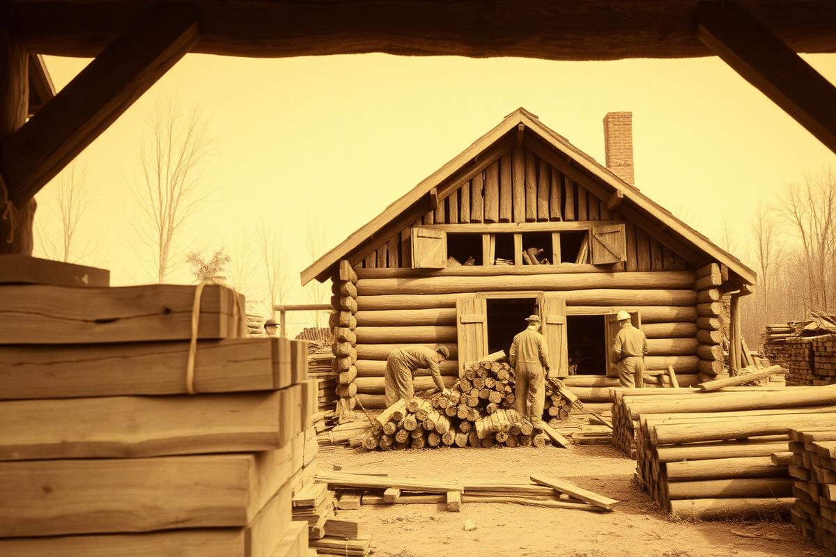 Archival image of numbered oak beams being dismantled at the original village house